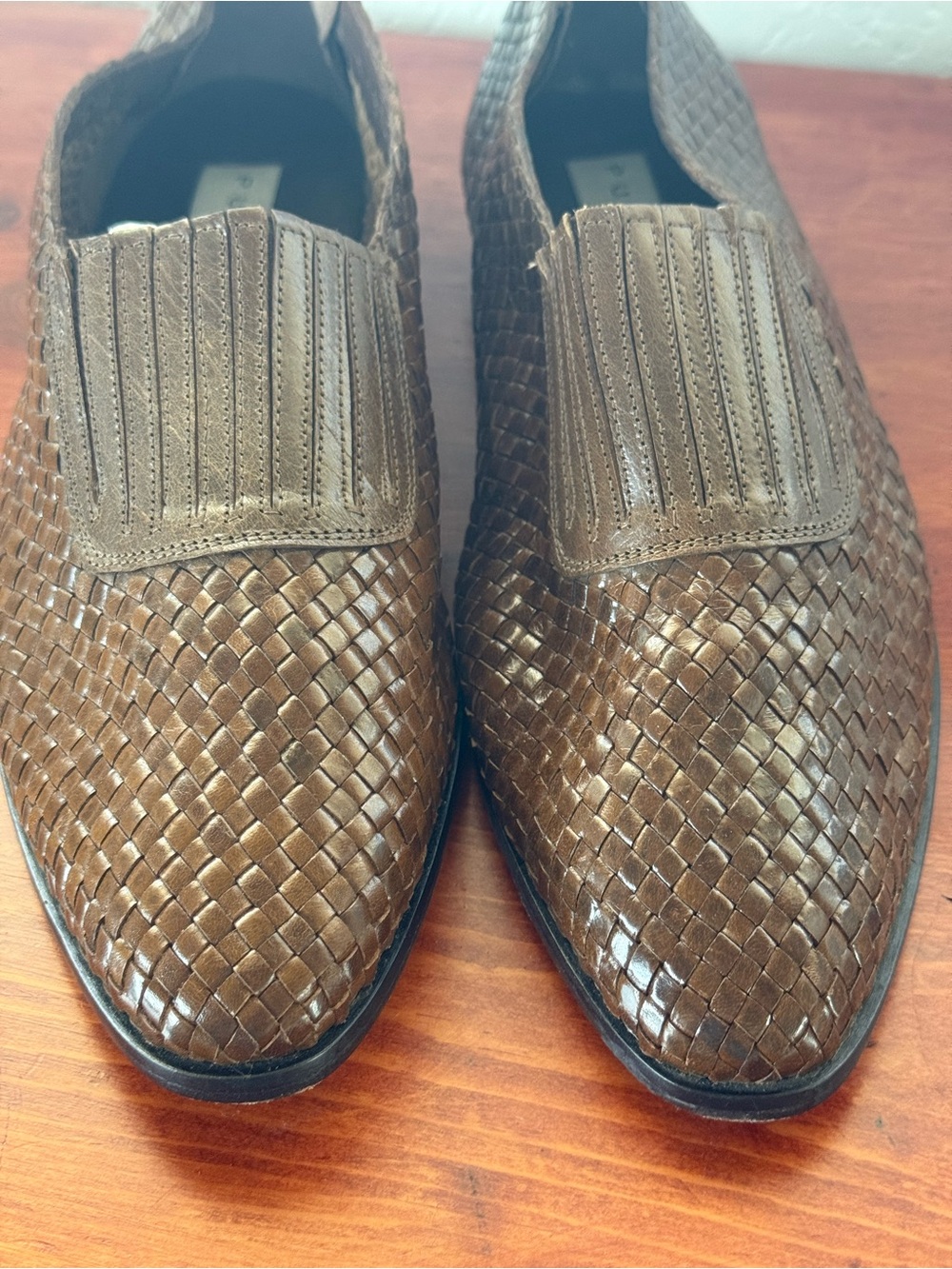 Pura Lopez Brown Woven Leather Slip-On Loafers